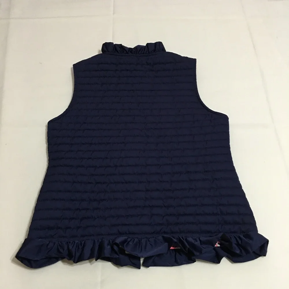 Lilly Pulitzer Quilted Vest Girls XL Navy Blue Ruffle Trim Full Zip Floral Lined